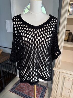 bishop + young Black Open Crochet Knit Top